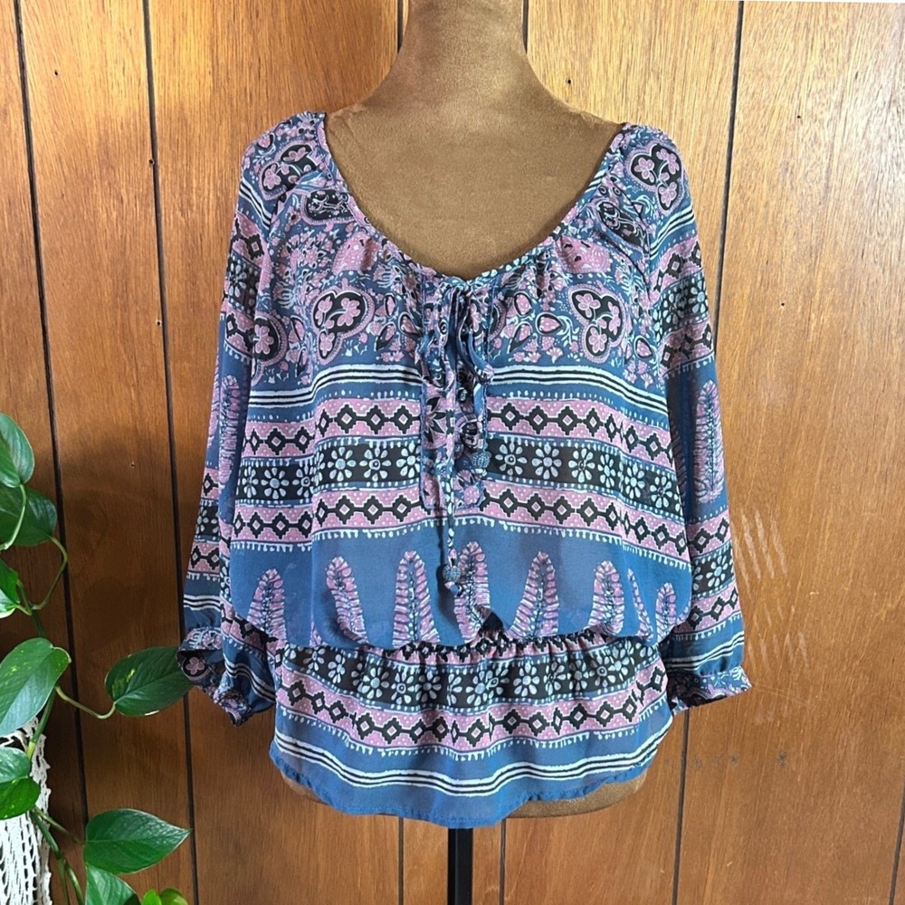 Vintage American Eagle Outfitters L Blue Pink Paisley Boho Peasant Blouse Top